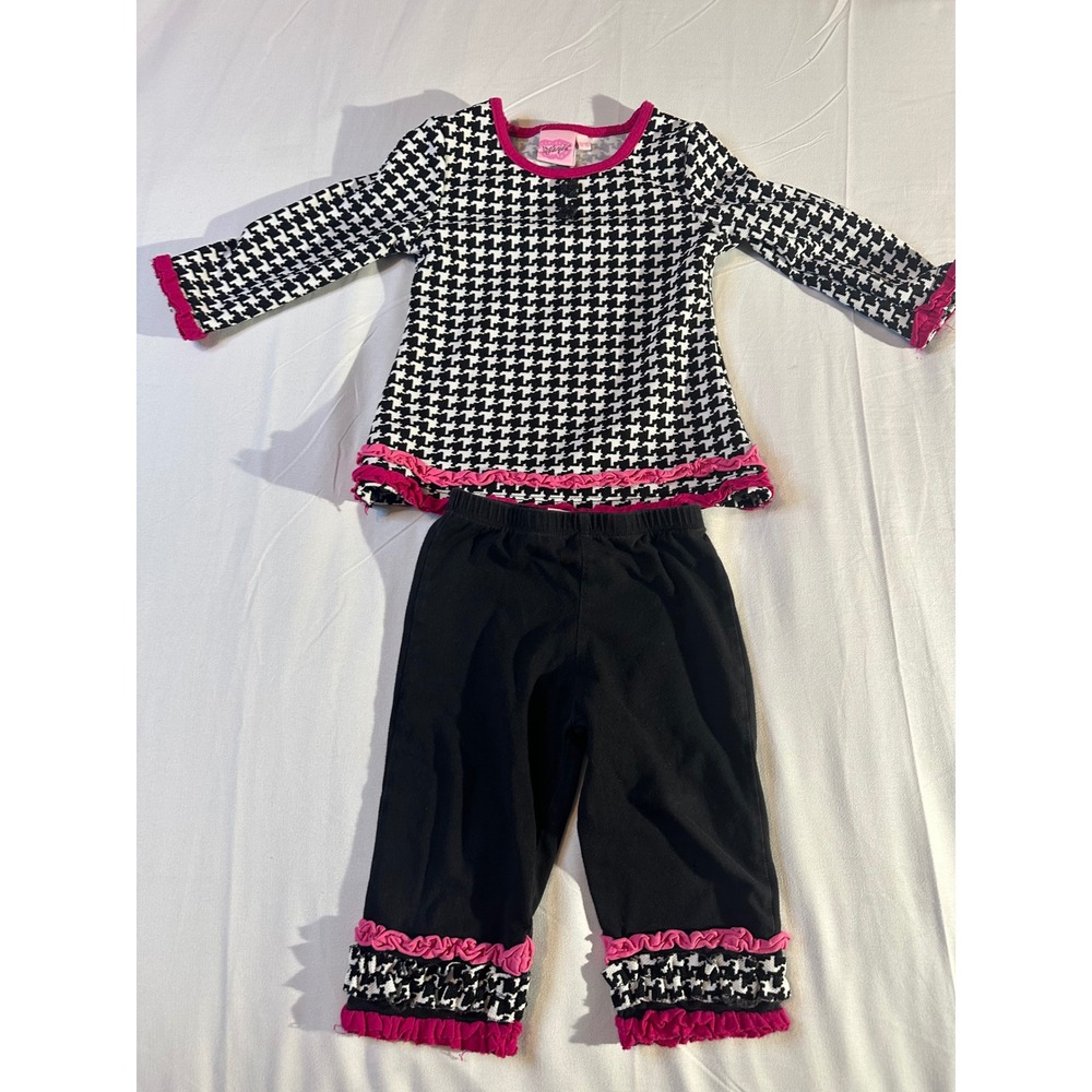 Lipstik Girls Houndstooth Ruffle Tunic and Leggings Set Black Pink 12-18 Months